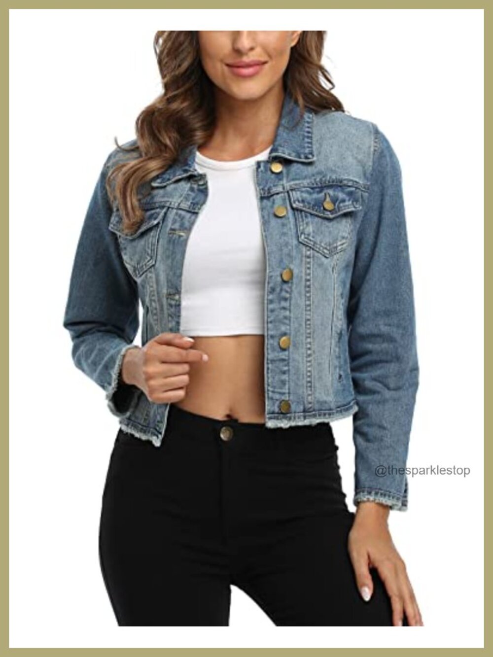 Women's Frayed Washed Cropped Denim Jacket with 2 Side Pockets